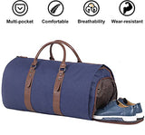 Seyfocnia Carry On Garment Bag, Mens Garment Bag for Travel Business, Large Canvas Duffel Bag with Shoe Compartment -Blue